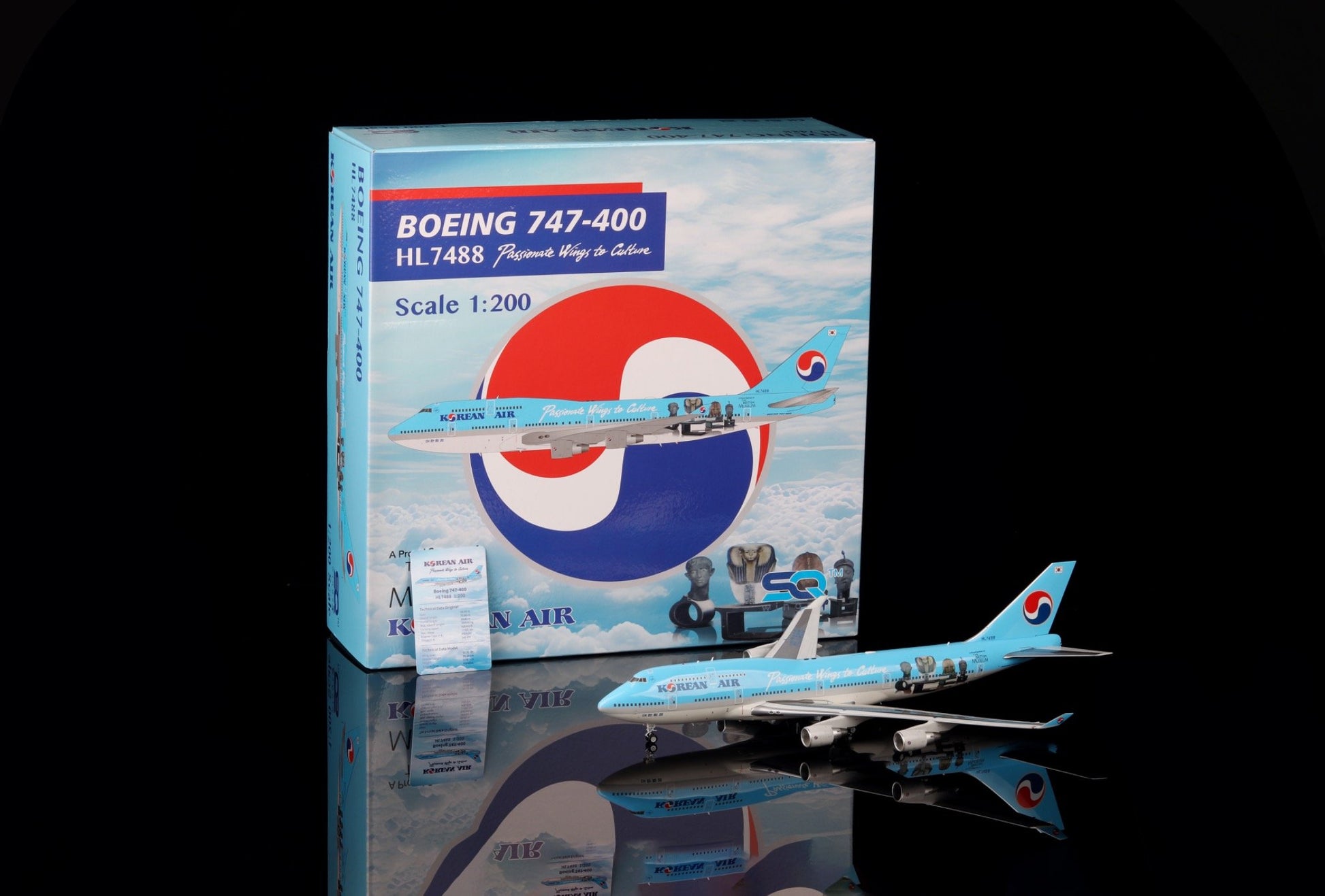 B747-400 HL7488 de Korean Air: "Alas apasionadas por la cultura" – Maqueta a escala 1/200 de SQ Wings
