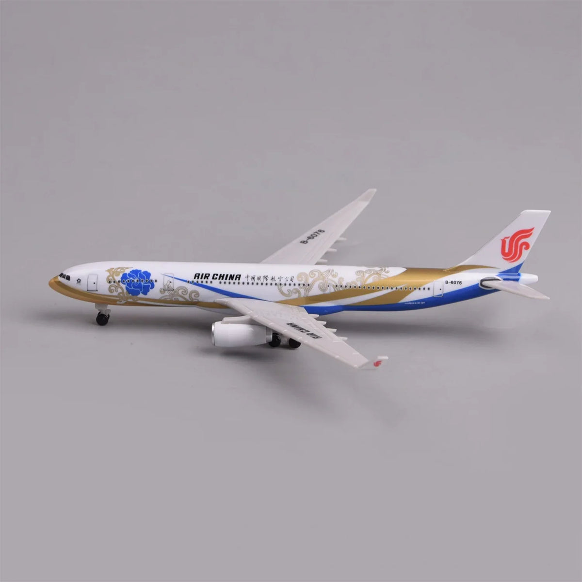 Air China A330 Zichen livery model plane, side view showing the blue floral and gold livery