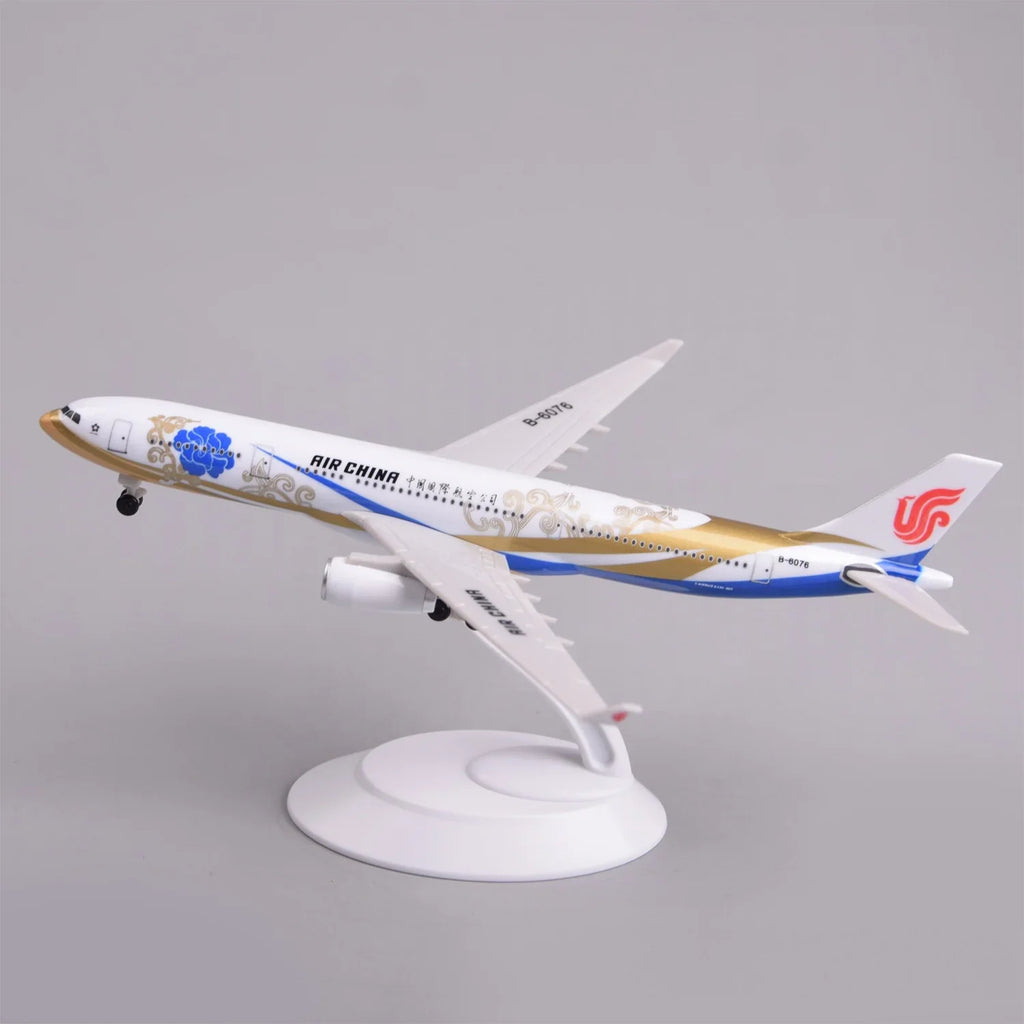 Air China A330 Zichen model on its display stand, side view with blue and gold livery
