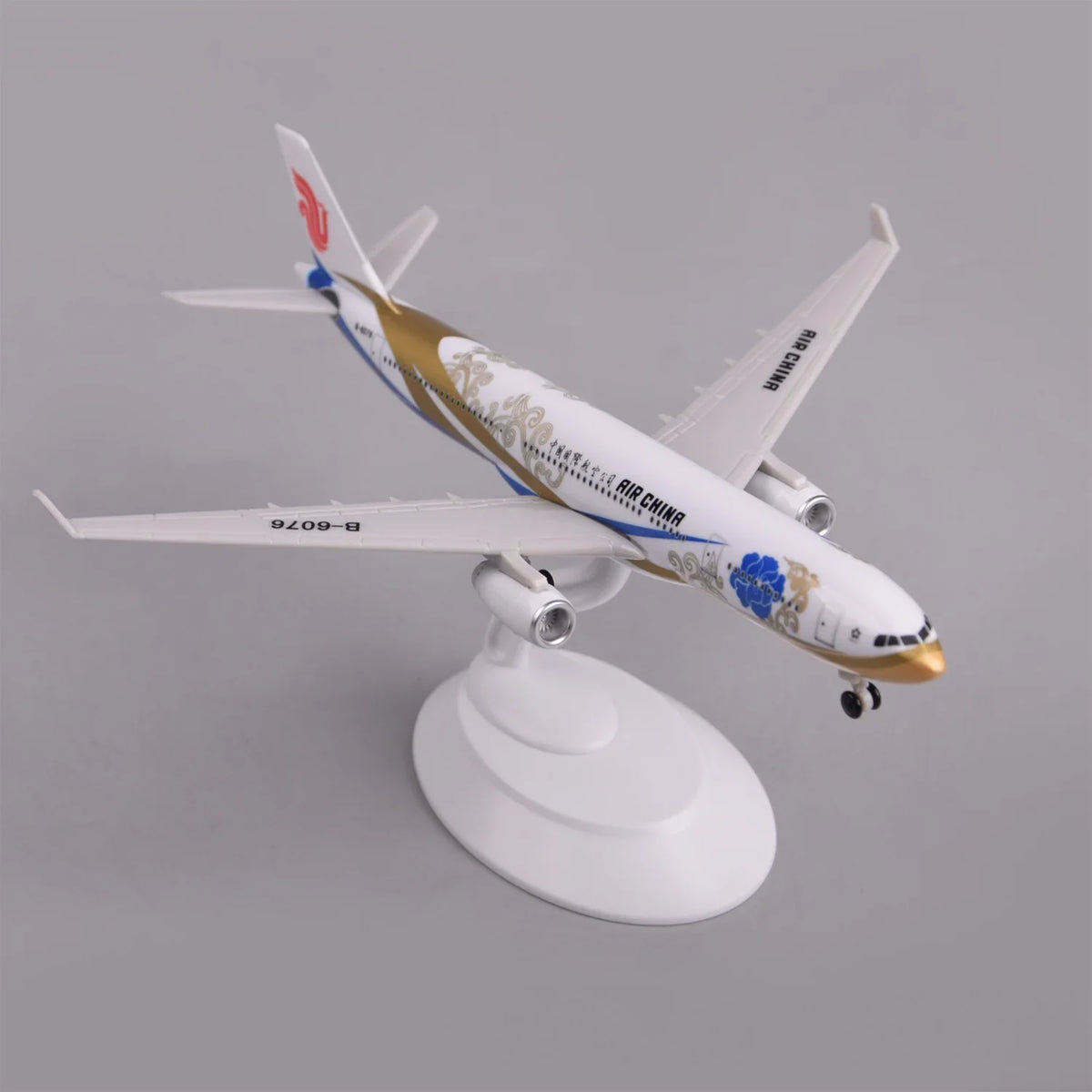 Air China A330 Zichen airliner model on its display stand, high front view showing the wings and engines