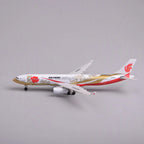 Air China A330 Zijin livery model plane, side view showing the red floral and gold livery