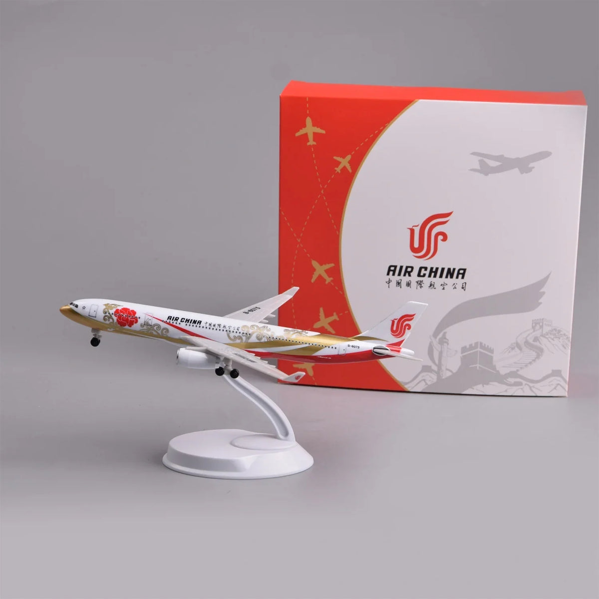 Air China A330 Zijin 8-inch model plane on display stand next to its Air China gift box