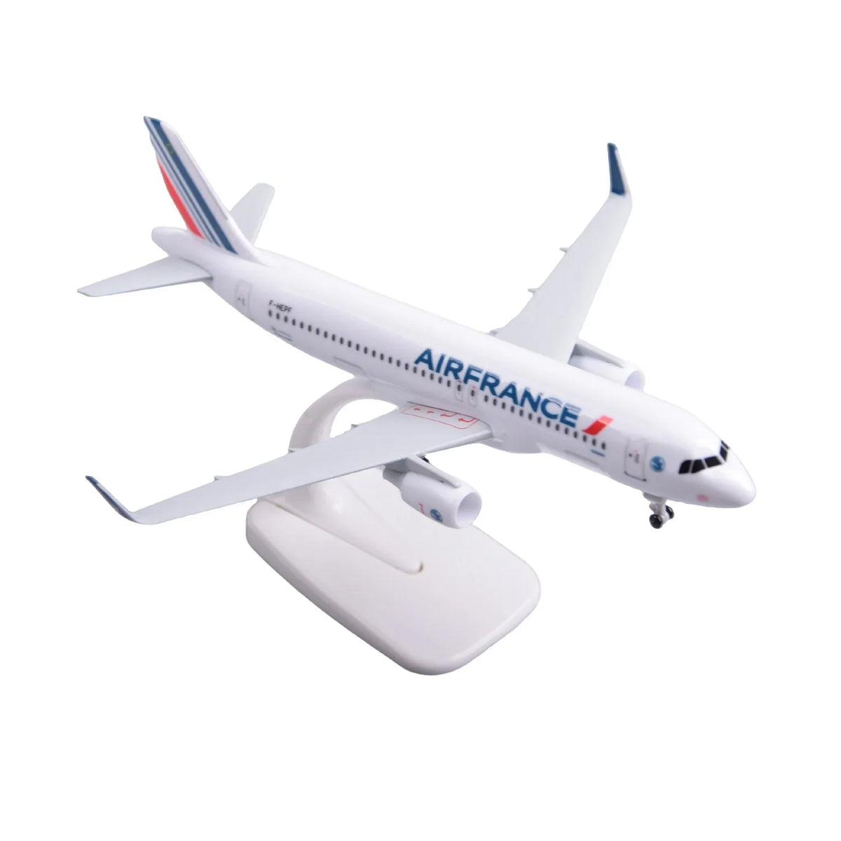 Air France Airbus A320 scale model, 8-inch resin airliner on white display stand, front three-quarter view on white background