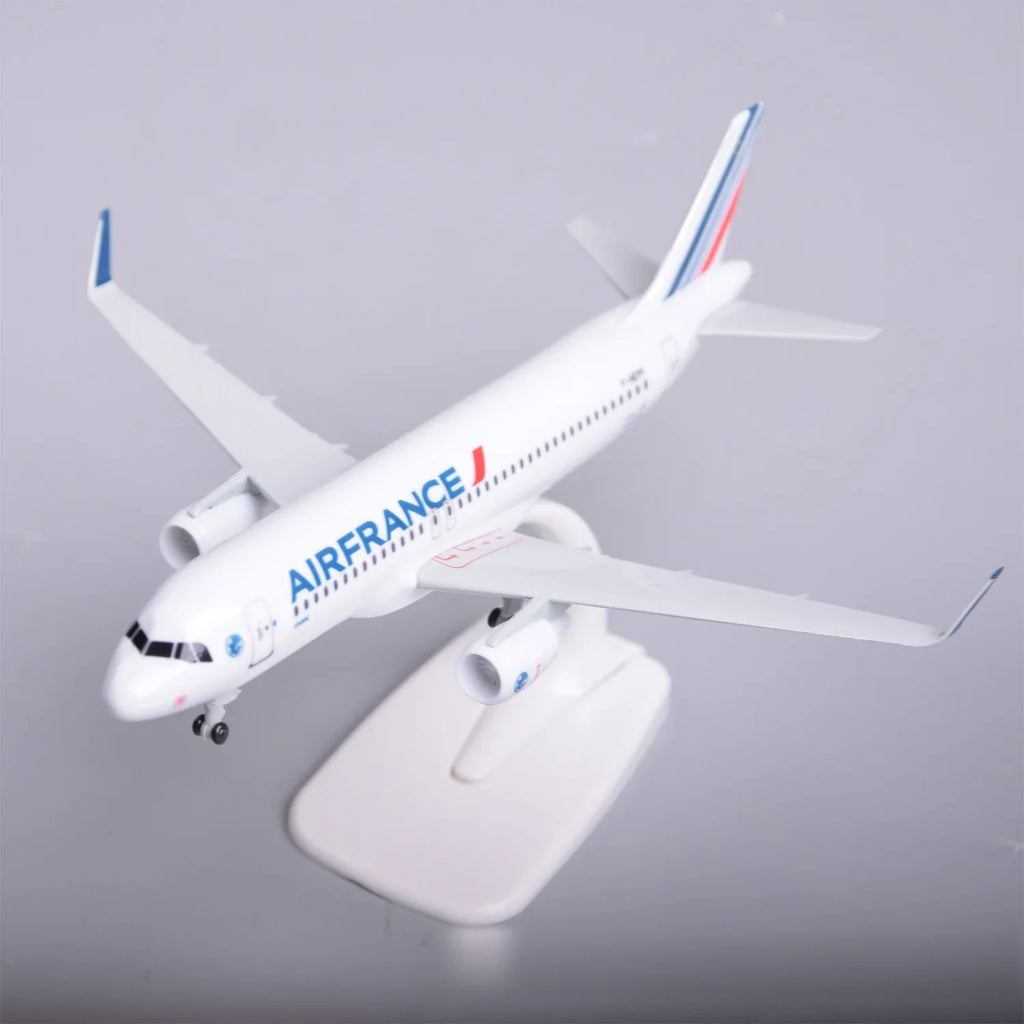 Air France A320 resin model on its display stand, high view showing the wings and tail