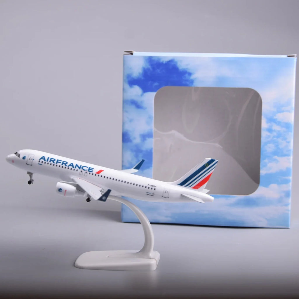 Air France A320 8-inch model plane on display stand next to its window gift box