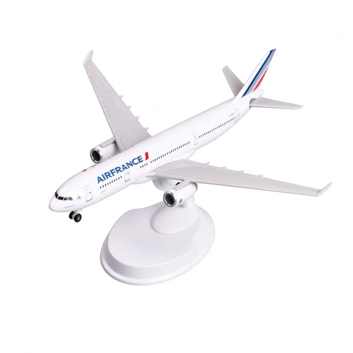 Air France Airbus A330 8-inch resin scale model on its white display stand, three-quarter view on white background