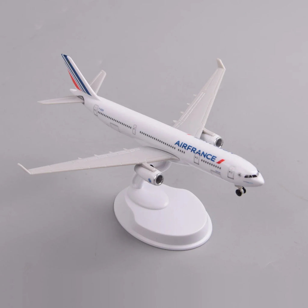 High three-quarter view of the Air France A330 model showing the swept wings and engines