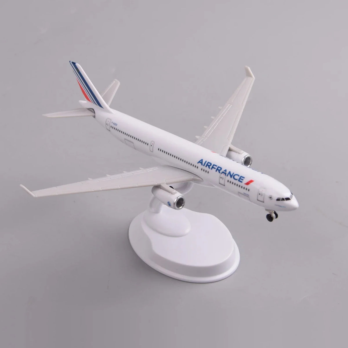 High three-quarter view of the Air France A330 model showing the swept wings and engines