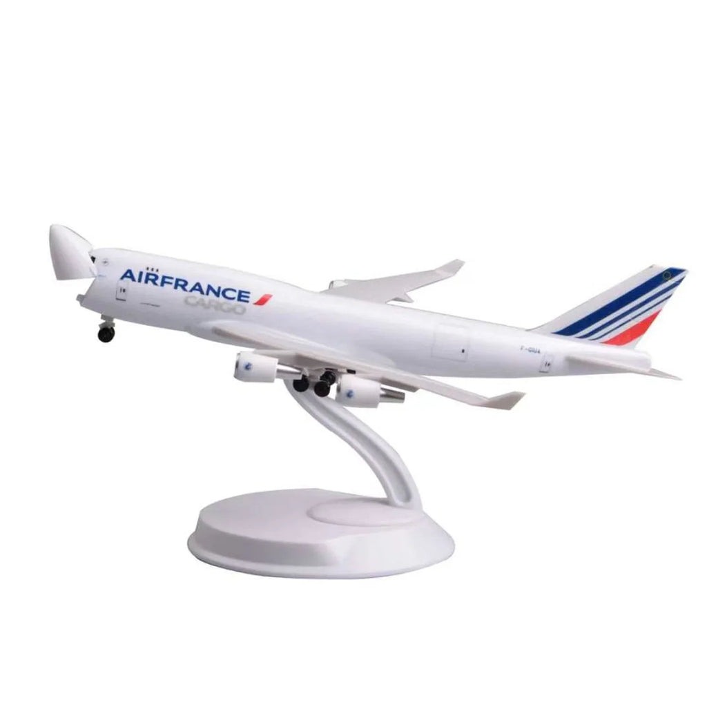 Air France Cargo 747-400 freighter scale model, 8-inch resin jumbo on white display stand, front three-quarter view on white background