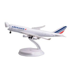 Air France Cargo 747-400 freighter scale model, 8-inch resin jumbo on white display stand, front three-quarter view on white background