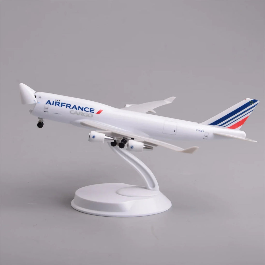 Air France Cargo 747 model plane on its display stand, front three-quarter view