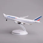 Air France Cargo 747 model plane on its display stand, front three-quarter view