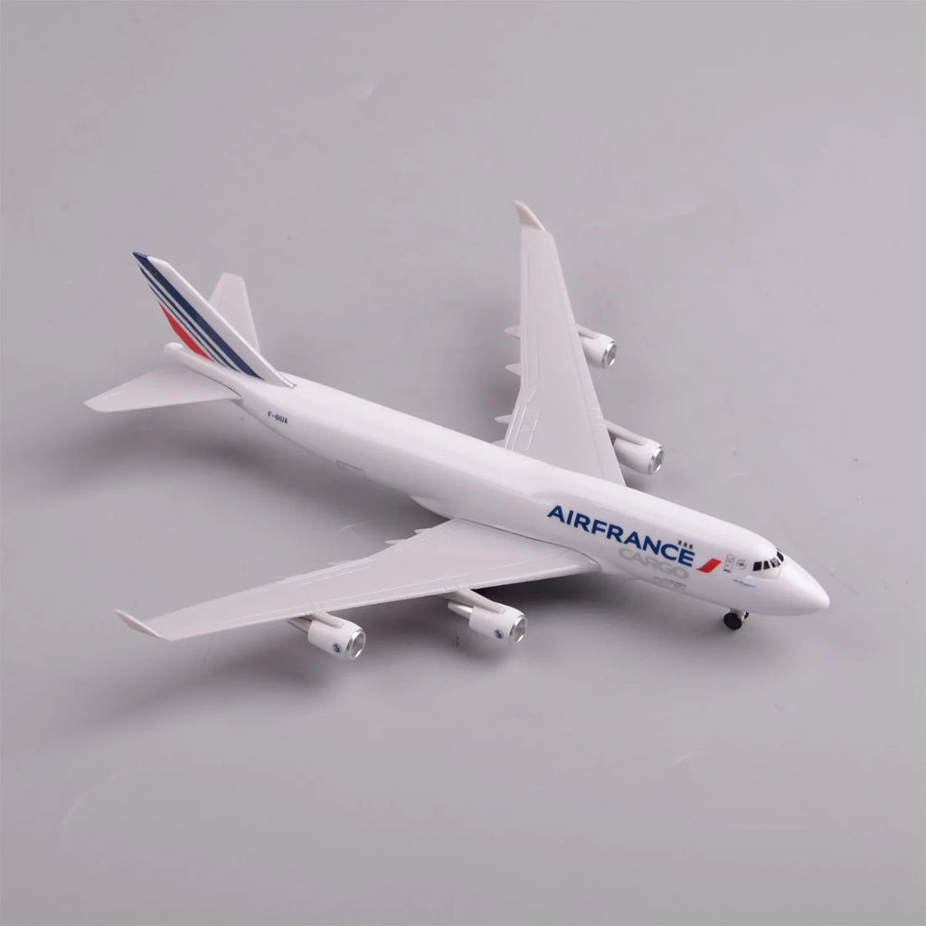 Air France Cargo 747-400 model on its display stand, high rear view showing the tricolor tail