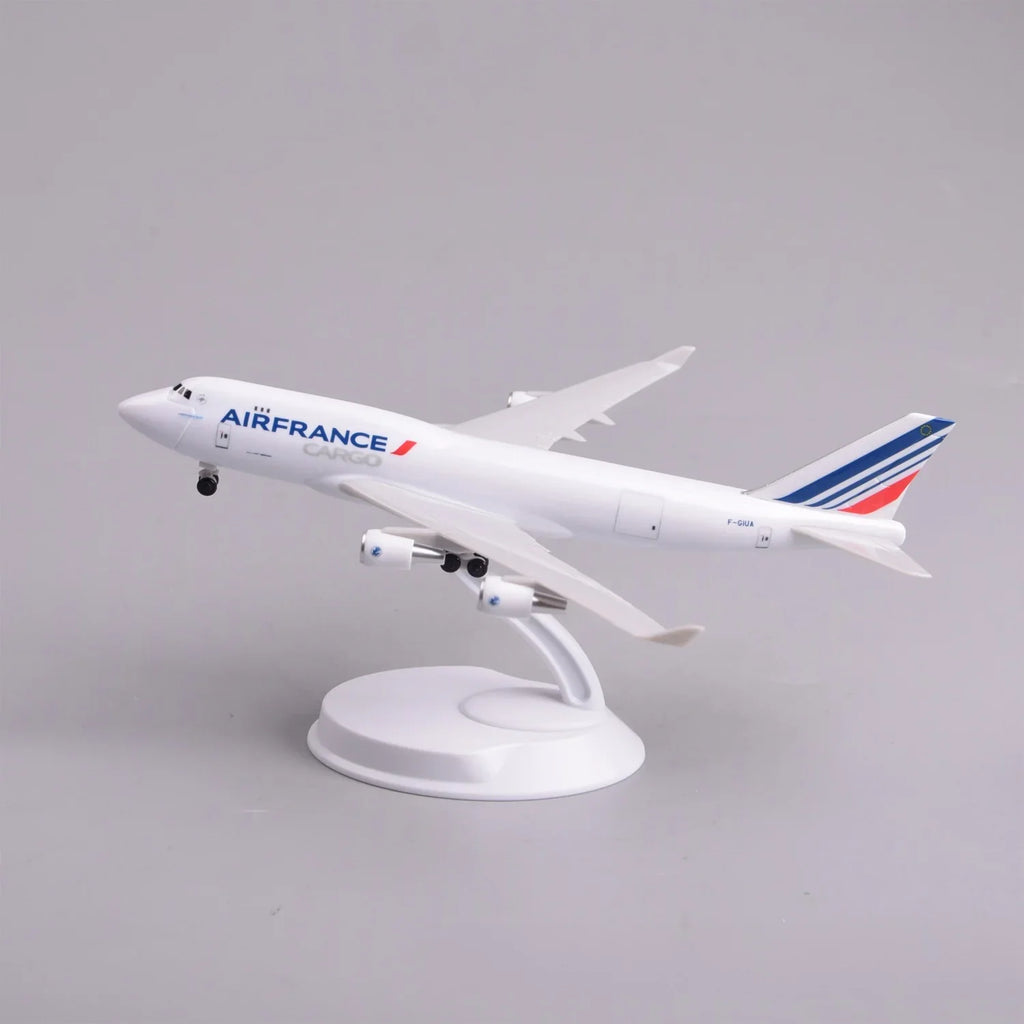 Air France Cargo 747 freighter model on its display stand, front three-quarter view