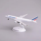 Air France Cargo 747 freighter model on its display stand, front three-quarter view