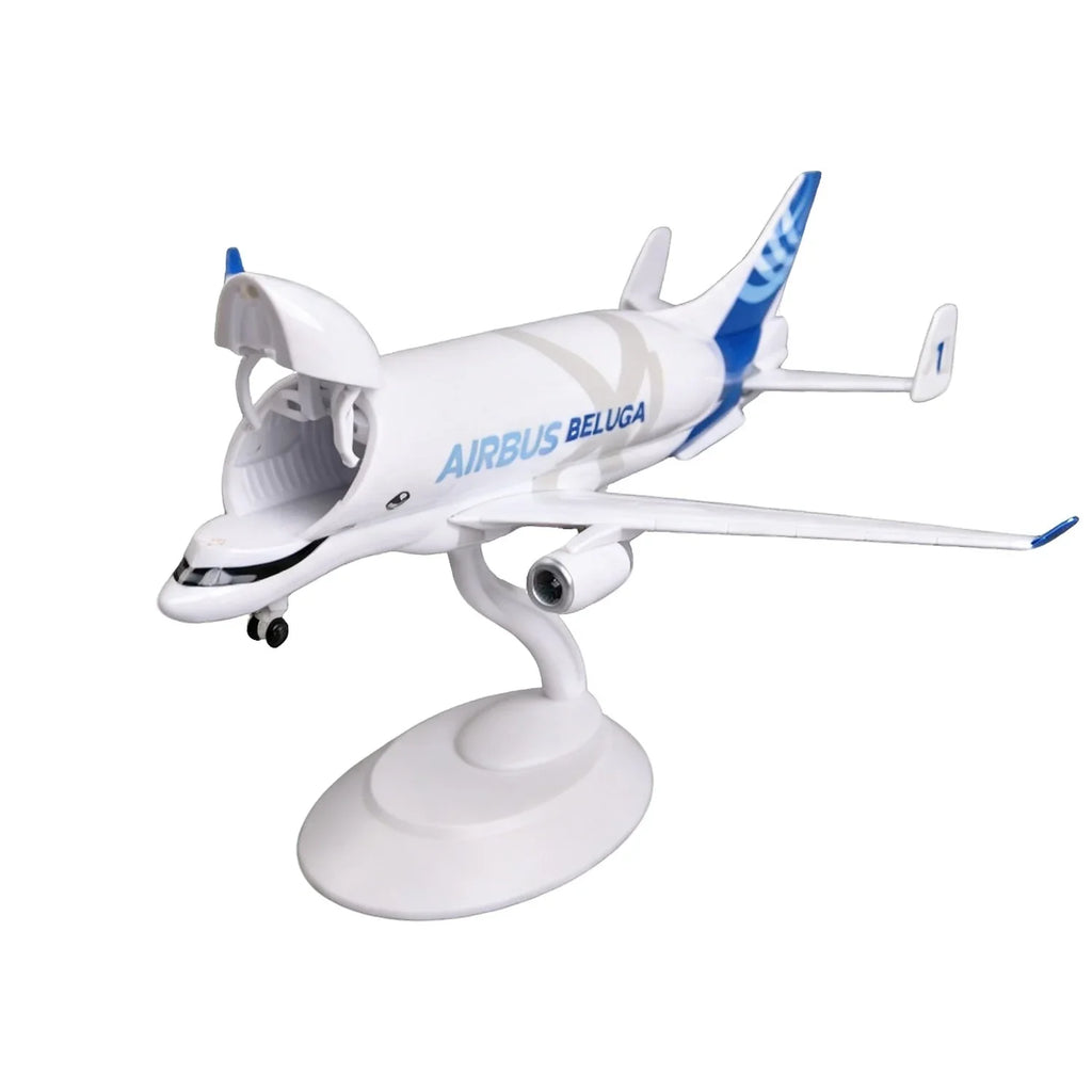 Airbus Beluga XL cargo jet scale model, 8-inch resin freighter on white display stand, nose open, front three-quarter view on white background