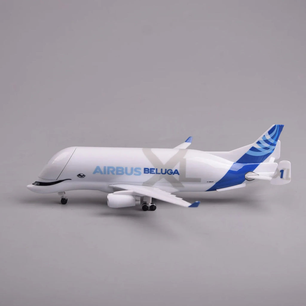 Side view of the Airbus Beluga XL scale model showing the whale-shaped fuselage and blue tail
