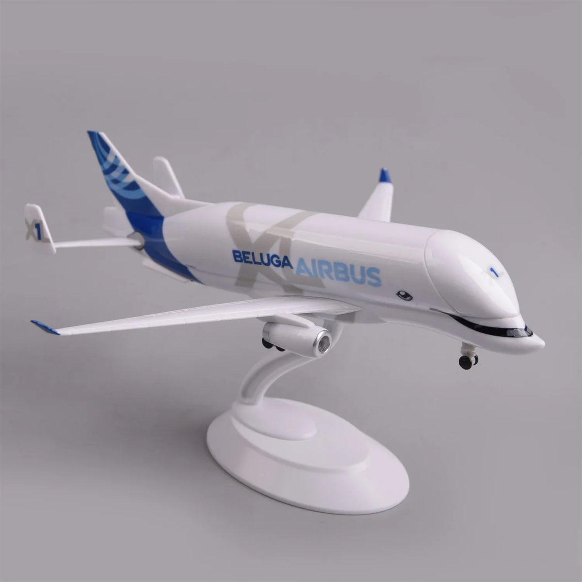 Airbus Beluga XL resin model on its display stand, high view showing the wings and BelugaXL livery