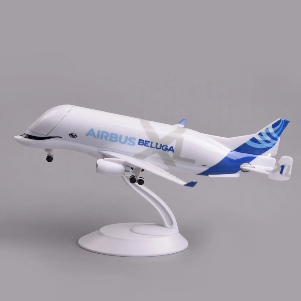 Airbus Beluga XL model plane on its display stand, side view of the Airbus livery