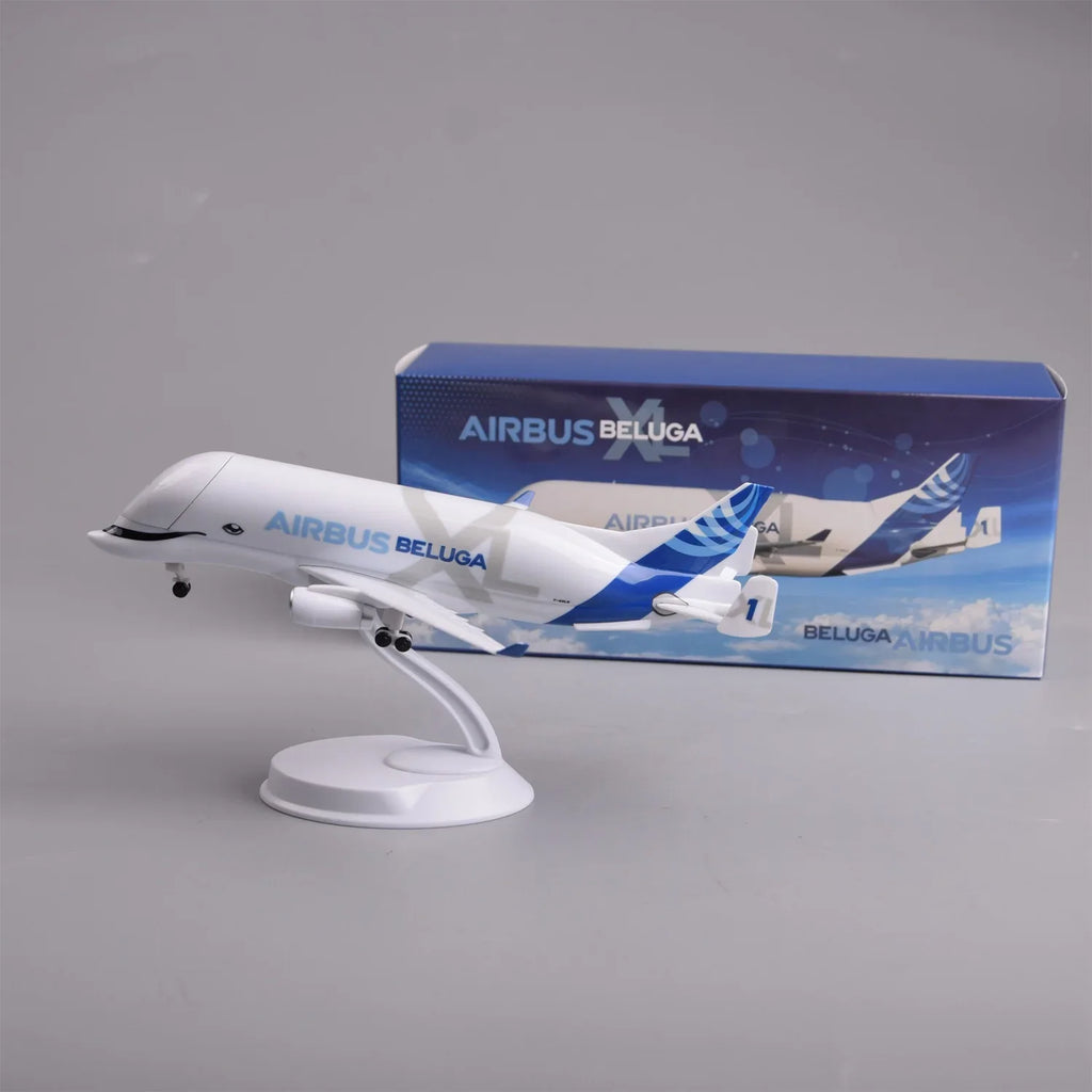 Airbus Beluga XL 8-inch model plane on display stand next to its blue Airbus gift box