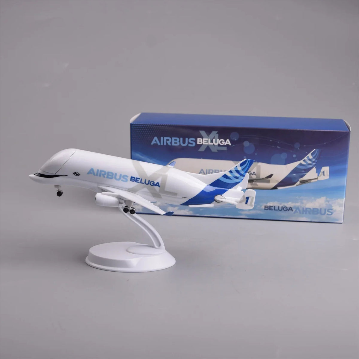 Airbus Beluga XL 8-inch model plane on display stand next to its blue Airbus gift box