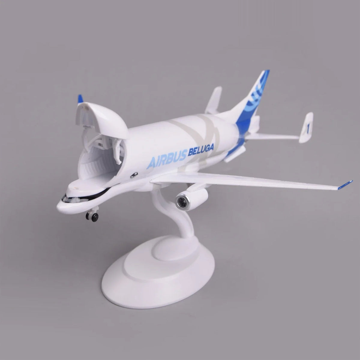 Airbus Beluga XL model, Opening Nose version, with the nose lifted open on its display stand