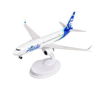 Alaska Airlines Boeing 737 MAX 8 8-inch resin scale model on its white display stand, on white background
