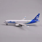 Side profile of the Alaska Airlines 737 MAX 8 model with landing gear down and blue tail