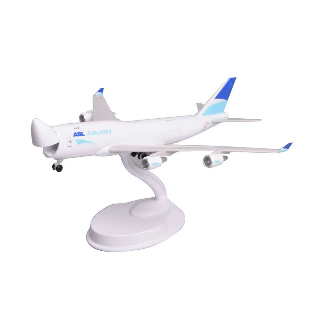 ASL Airlines 747-400 freighter scale model, 8-inch resin jumbo on white display stand, front three-quarter view on white background