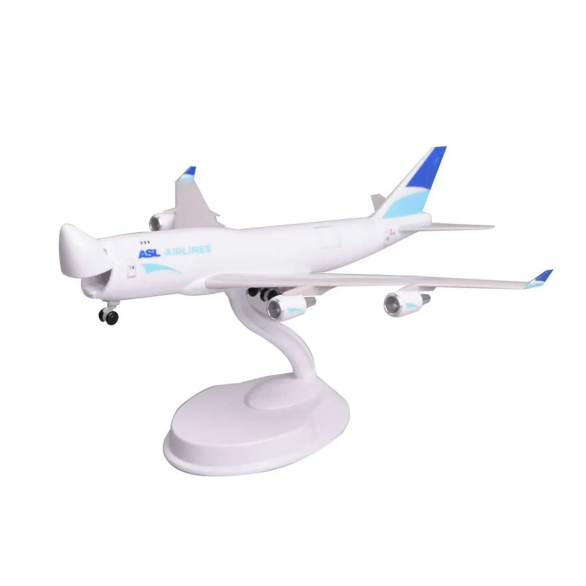 ASL Airlines 747-400 freighter scale model, 8-inch resin jumbo on white display stand, front three-quarter view on white background