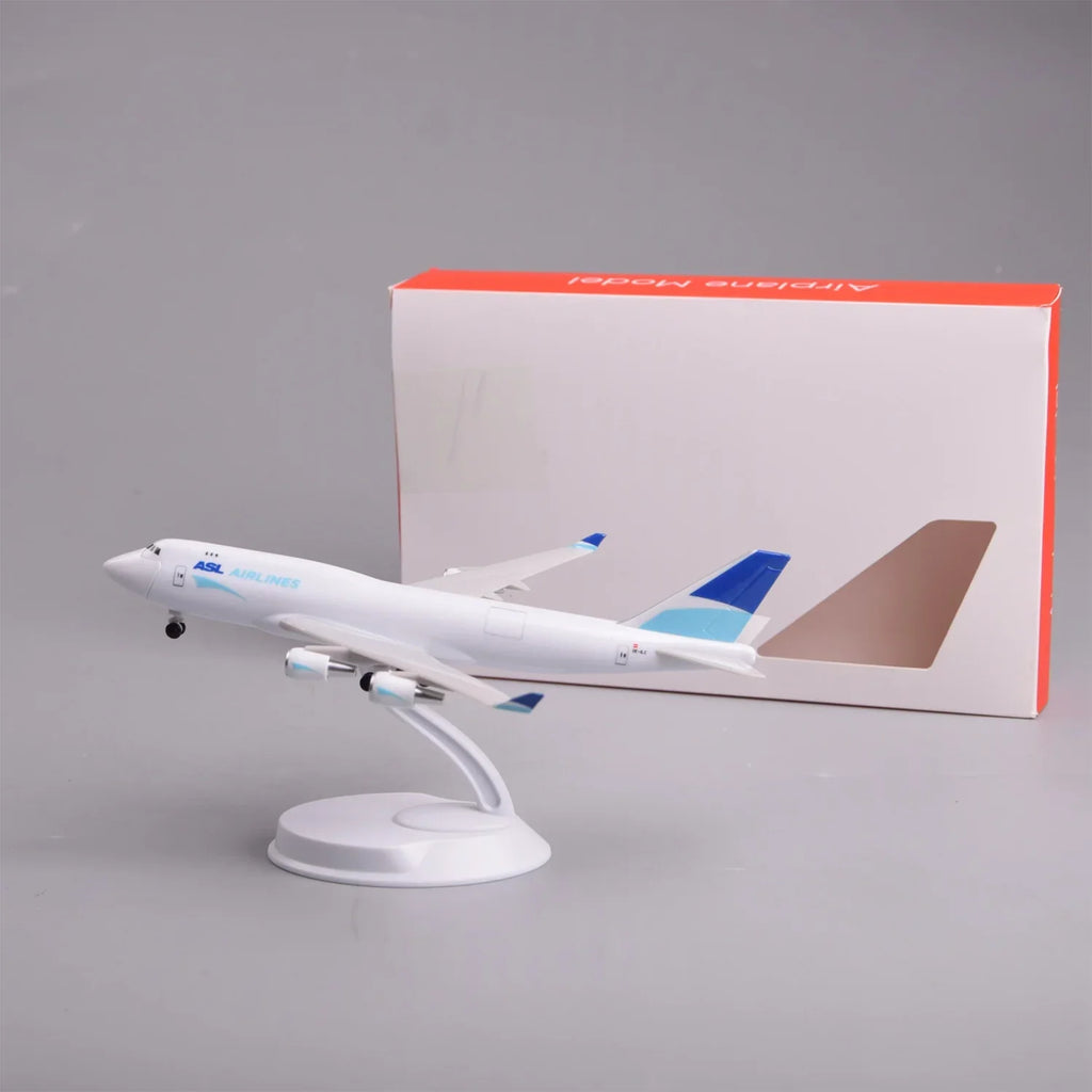 ASL Airlines 747 model plane next to its gift box, side view on display stand