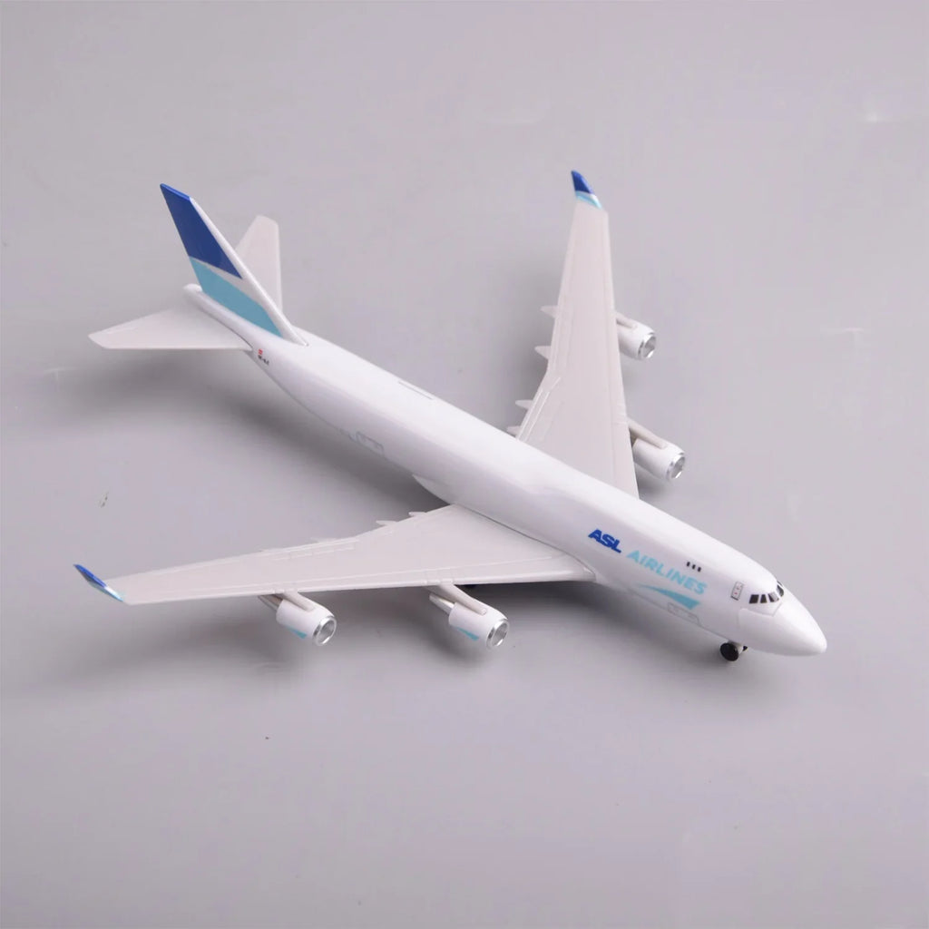 ASL Airlines 747 freighter model, high view showing the wings and four engines