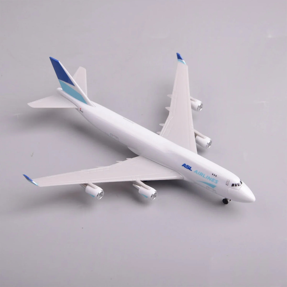 ASL Airlines 747 freighter model, high view showing the wings and four engines