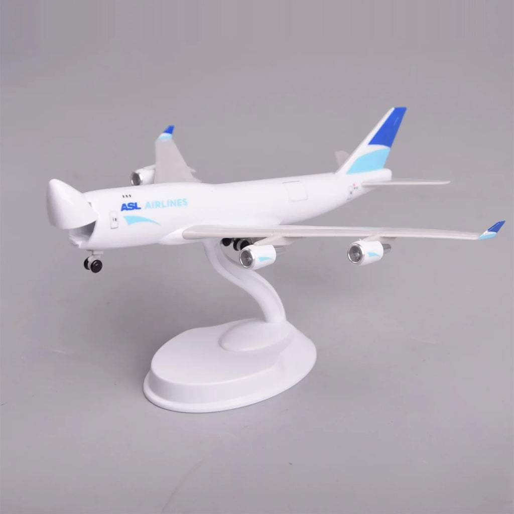 ASL Airlines 747 model, Opening Nose Cargo Door version, on its display stand