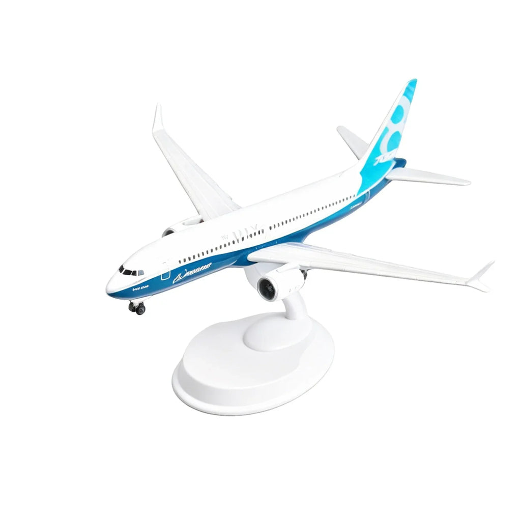 Boeing 737 MAX 8 prototype livery 8-inch resin scale model on its white display stand, on white background