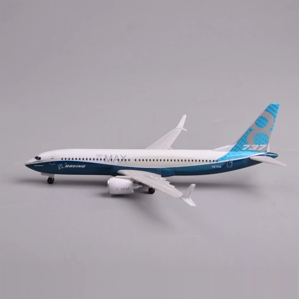 Side profile of the Boeing 737 MAX 8 prototype model with landing gear down