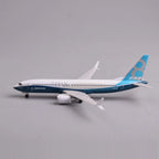 Side profile of the Boeing 737 MAX 8 prototype model with landing gear down
