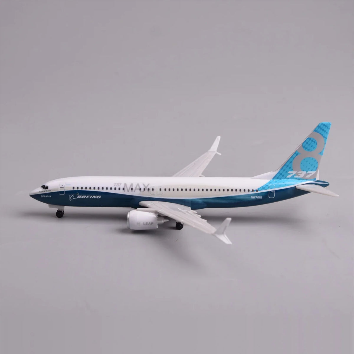 Side profile of the Boeing 737 MAX 8 prototype model with landing gear down