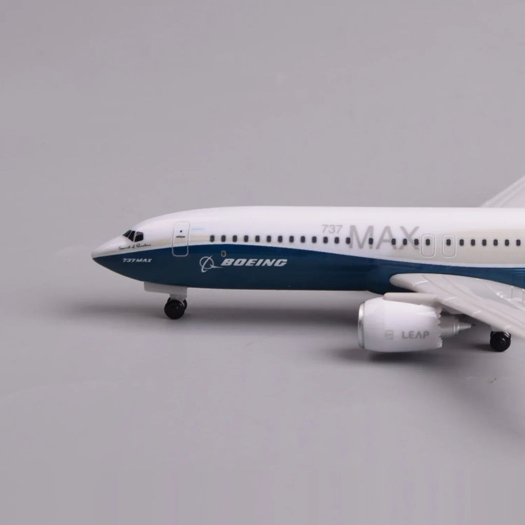 Close-up of the Boeing 737 MAX 8 prototype model nose with Boeing titles and landing gear