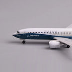 Close-up of the Boeing 737 MAX 8 prototype model nose with Boeing titles and landing gear