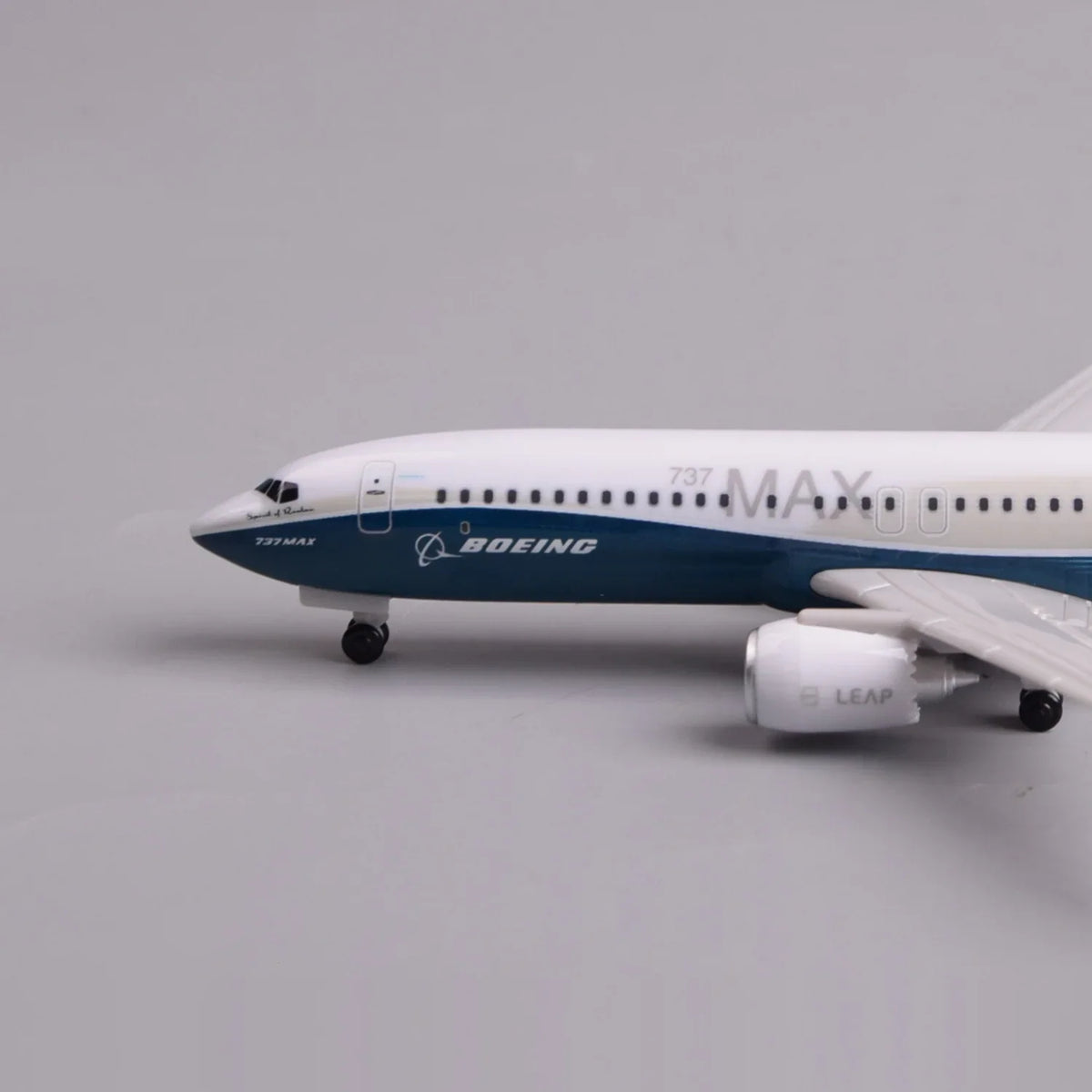 Close-up of the Boeing 737 MAX 8 prototype model nose with Boeing titles and landing gear