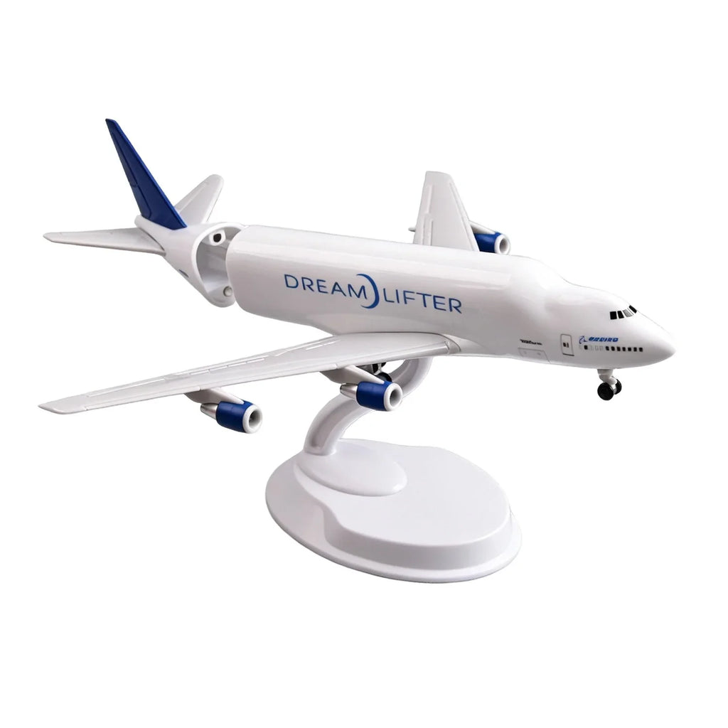 Boeing 747 Dreamlifter 8-inch resin scale model on its white display stand, on white background