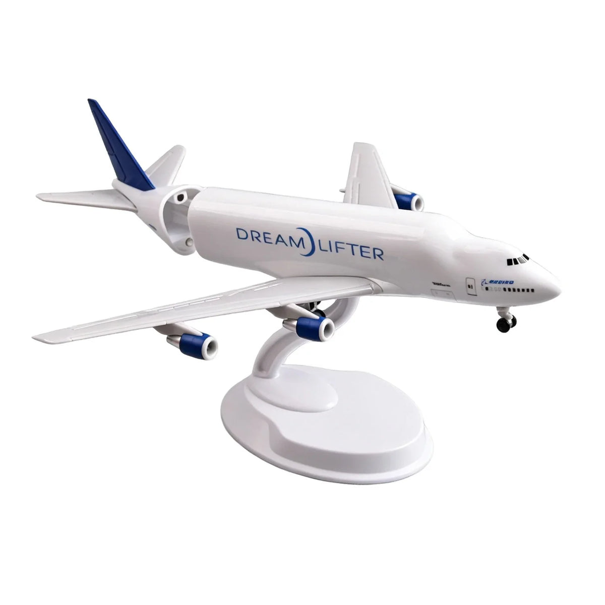 Boeing 747 Dreamlifter 8-inch resin scale model on its white display stand, on white background