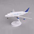 High three-quarter view of the Boeing Dreamlifter model on its display stand