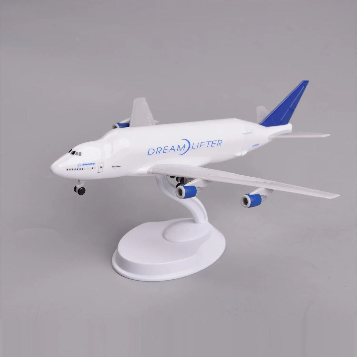 High three-quarter view of the Boeing Dreamlifter model on its display stand