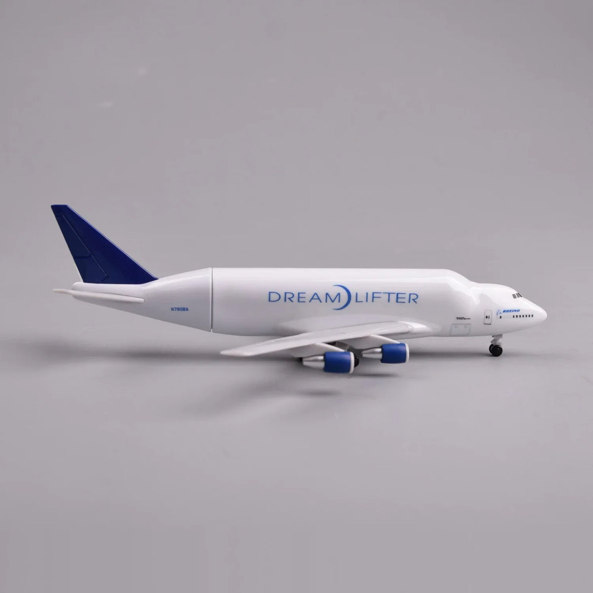 Side profile of the Boeing Dreamlifter model with its blue tail and four engines