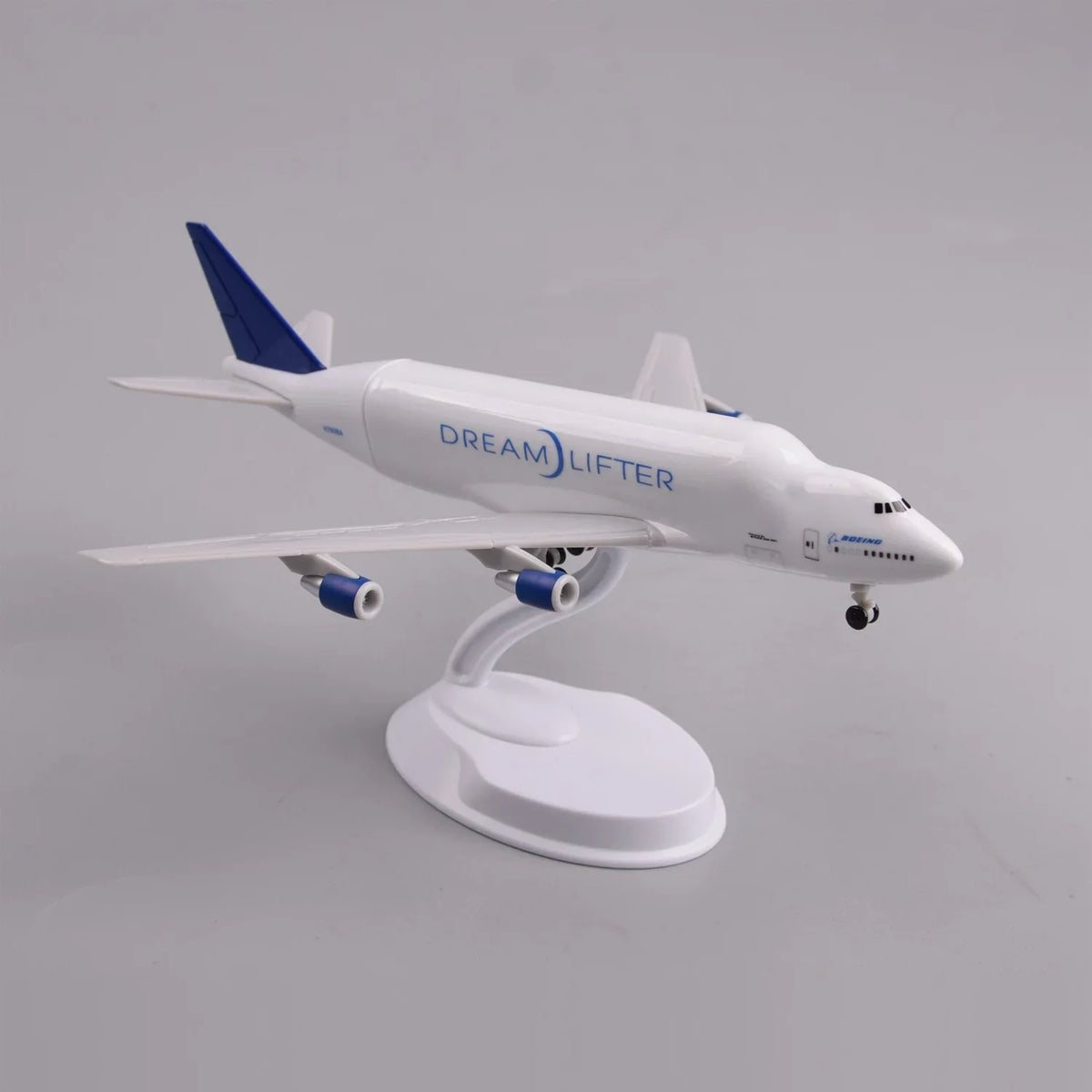 Front three-quarter view of the Boeing 747 Dreamlifter model on its display stand