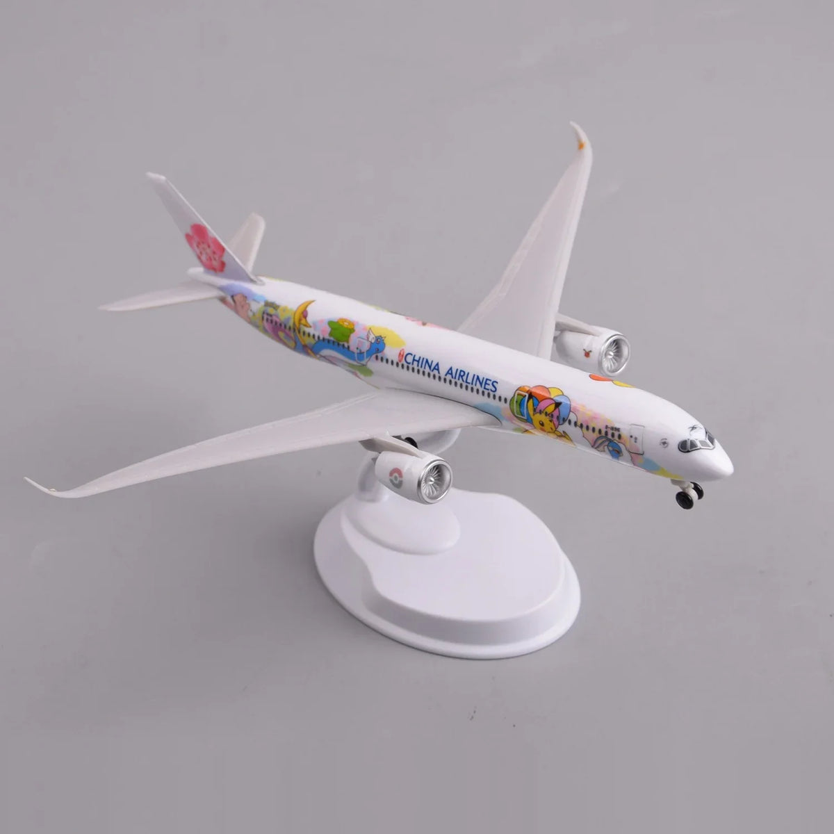 High three-quarter view of the China Airlines A350 special-livery model showing the colorful fuselage