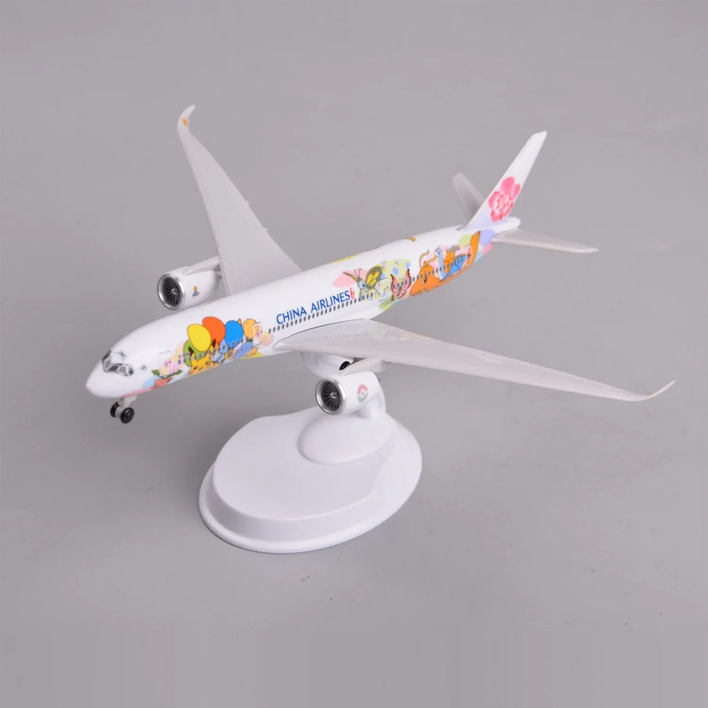 Front three-quarter view of the China Airlines A350 special-livery model on its display stand
