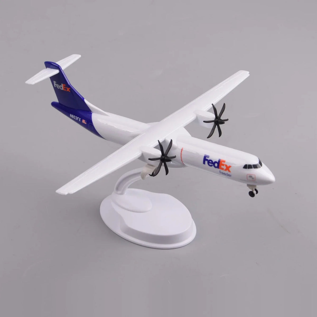 High three-quarter view of the FedEx ATR 72-600 model showing the twin propellers